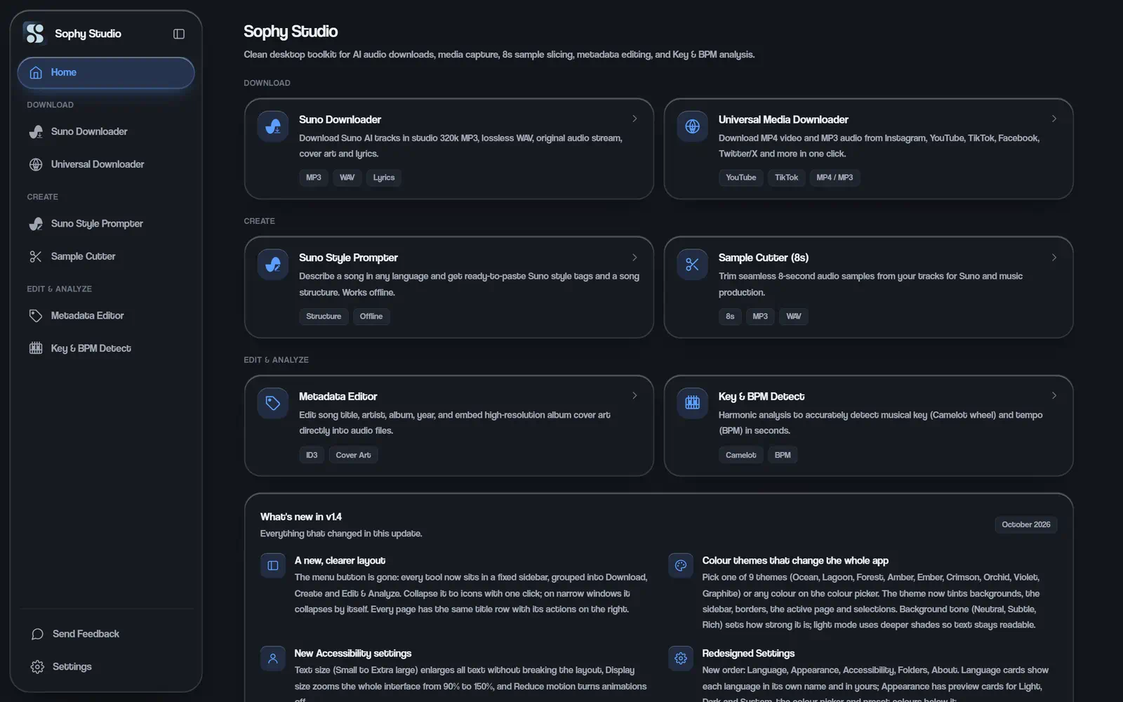 Sophy Studio for Windows, home screen with every tool