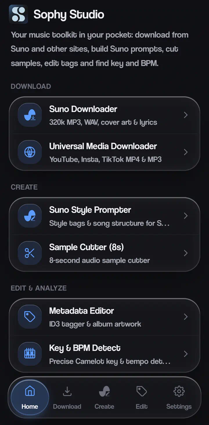 Sophy Studio for Android, home screen